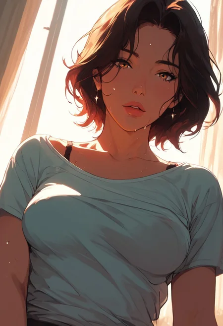 masterpiece,best quality, highly detailed, score_9, score_8_up, score_7_up, score_6_up, source_cartoon,
 BREAK
 1MILF, open eyes, angle, sweat, (motion lines:0.3), (motion blur:0.3),  partial nudity, mature female, housewife, 
BREACK
Seductive look, tshirt, medium breasts, one breast out, hold breasts, pov from below, bra, 
BREACK
ynamic light, warm_light,vibrant colors warm_colors,soft focus, high contrast, textured surfaces , depth of field, golden hour lighting, dramatic shadows, rich details , nature-inspired color palette, playful composition
,dynamic angle,dynamic light,background,