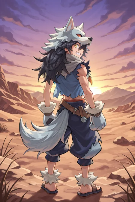<lora:FlunkyIL:0.8> , fludef, 1boy, black hair, long hair, yellow eyes, wolf hat, wolf hood, wolf pelt, wolf tail, grey scarf, bandana around neck, necklace, tooth necklace, fur trim, blue vest, torn clothes, paw gloves, sandals, full body, wasteland, mountains, exterior, from behind, looking back, grin, (solo), masterpiece, very aesthetic, absurdres, best quality, amazing quality, high resolution, detailed background, <lora:illustrious_quality_modifiers_masterpieces_v1:0.8> , <lora:ChamIllustriousBackgroundEnhancer:0.5>