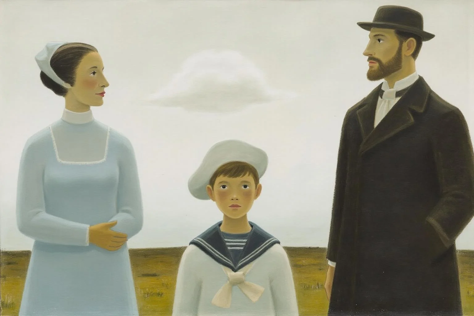 jeanpaullemieux1 painting.
Three figures are in an outdoor setting with a cloudy sky. On the left, an older woman in a long, light blue dress nd looks toward the middle figure. On the right stands a bearded man wearing a boater hat. A little boy is standing beside him, looking directly at the viewer. <lora:jeanpaullemieux1_cap_d6a3e8:1.0><lora:841079915395766889:0>