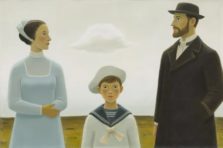 jeanpaullemieux1 painting.
Three figures are in an outdoor setting with a cloudy sky. On the left, an older woman in a long, light blue dress nd looks toward the middle figure. On the right stands a bearded man wearing a boater hat. A little boy is standing beside him, looking directly at the viewer. <lora:jeanpaullemieux1_cap_d6a3e8:1.0><lora:841079915395766889:0>