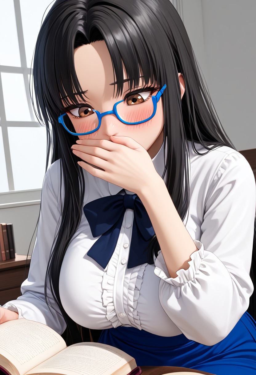 Masterpiece, best quality, high quality, highres, 4k, detailed face, anime style, Expressiveh, bmbplora, shinra tsubaki, black hair, brown eyes, long hair, parted bangs, blue-framed eyewear, under-rim eyewear, glasses, large breast, white Blouse, blue skirt, long skirt, long sleeves, reading book, holding book, small book, looking down, embarrassed, blushing, covering mouth with hand, dutch angle, solo,
