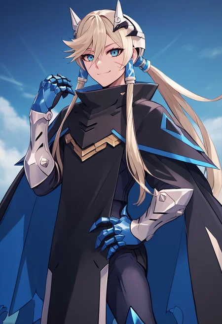 score_4,score_5,score_6,score_7_up,score_8_up,score_9 ((masterpiece,best quality,ultra detailed,highres,HD,4k:1.2)),
1 girl, solo, long hair, ponytail, blue eyes, sharp eyes, slanted eyes, hair tube, hair between eyes,facial scar, bangs, headgear,
cape, cloak, armor, spikes, gauntlets, 
standing,hand on hip,
smile,