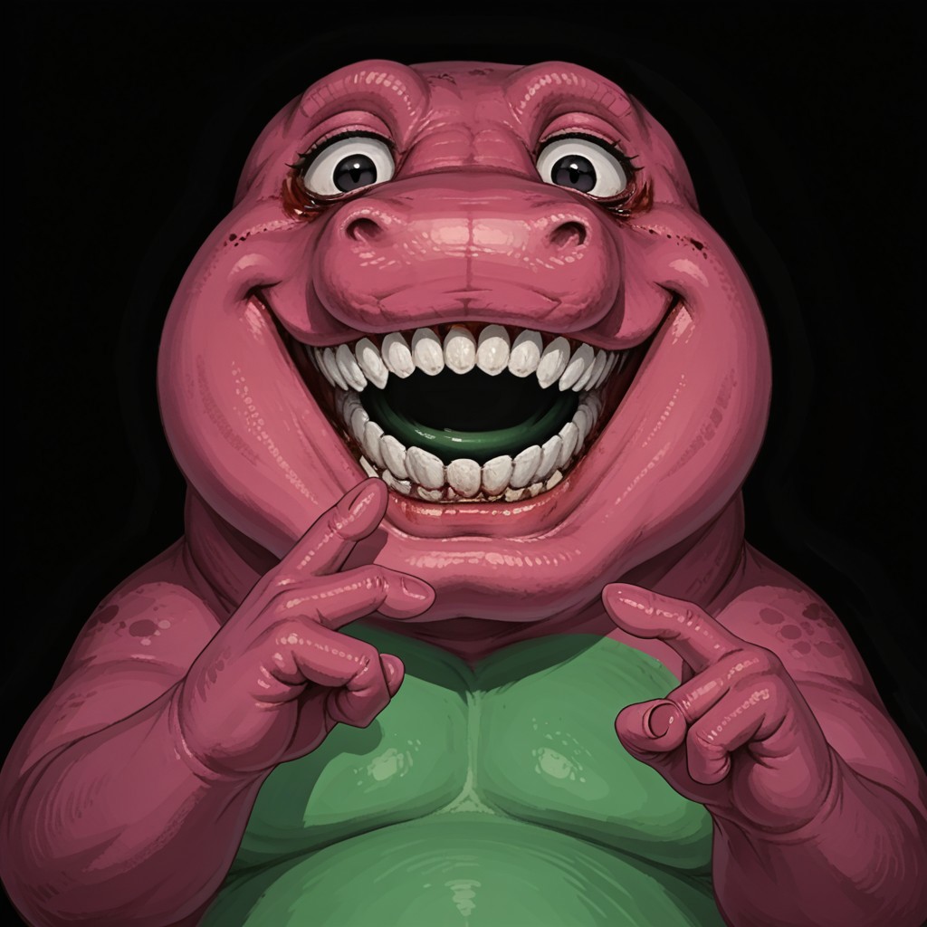 masterpiec, best quality, solo, barneydinosaur, barney, biped, dinosaur, mascot, tyrannosaurus rex, purple body, green belly, fat, chubby, white teeth, black eyes, short arms, (two fingers), (psychotic smile:1.1), (evil expression:1.1),  bulging eyes, smiling at viewer, blood on face, grin, evil smile, Sinister_Smile, shadow on the face, Macabre, Terror, Menacing_Smile, Disturbing_Expression, Grotesque_Style, Painting, Intense_Colors, Dark_Contrast