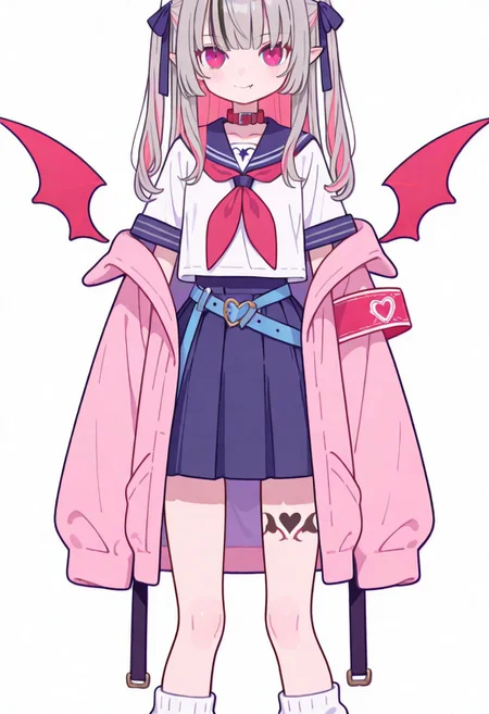 Flatline, Flat vector illustration, looking at viewer, full_body,
niji-ririmu,flat chest,red eyes,long eyelashes,grey hair,streaked hair,multicolored hair,pink inner hair,pointy ears,fang,heart tattoo,tattoo around thigh,long hair,two side up,black hair ribbon,saggy hair ribbon,red wings,demon wings,
niji-ririmucos1,serafuku,white shirt,short sleeves shirt,red neckerchief,midriff,blue belt,loose belt,blue skirt,miniskirt,pleats skirt,white socks,loose socks,red choker,red collar,pink jacket,off shoulder jacket,armband,long sleeves,sleeves past wrists,sleeves past fingers,
slim, slender, fair skin, clear skin, beauty skin, smooth skin, shiny skin, beautiful legs, long legs,
from front, front view, straight-on, look at viewer, standing, (legs apart:1.4),
white background,