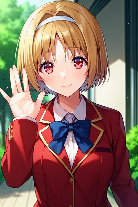 score_9, score_8_up, score_7_up, score_6_up, score_5_up, score_4_up, rating_questionable, , source_anime, digital illustration, pixiv, fanbox, uncensored, , BREAK, official art,
1girl, solo, female, kushida kikyou, short hair, hair intakes, red eyes, hair band,
school uniform, red jacket, white skirt, blue bow, waving, outdoors, upper body, light smile, blush, cowboy shot, looking at viewer, <lora:Kushida_Kikyou_Pony-000009:0.9>