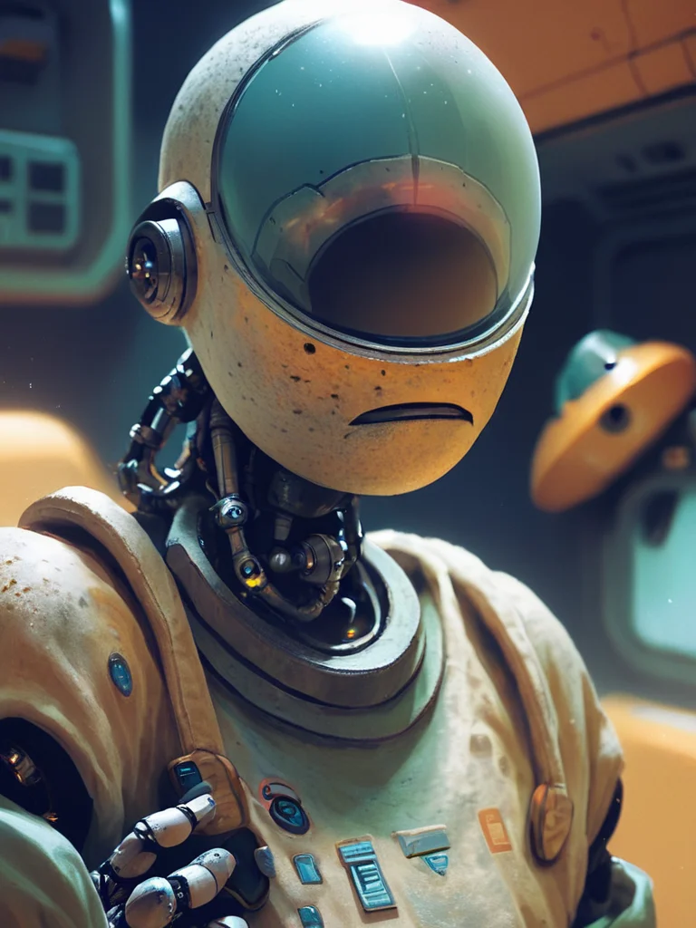 solo retro robot indoors scene, visit spaceport, gorgeous ,mechanical joints, dust dirt, repairing teleport
 pny-safe