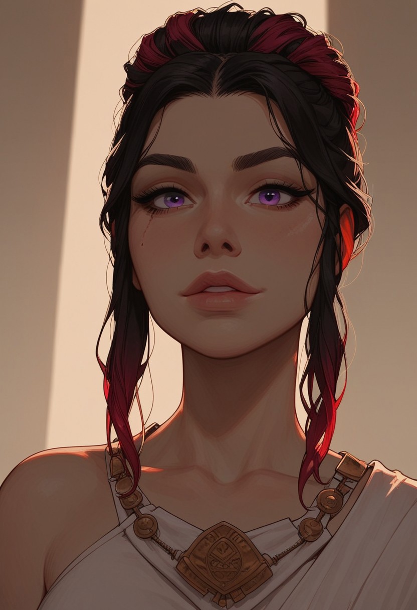 (score_9, score_8_up, score_7_up). ( line work, excellent drawing, highest quality, extremely detailed:1.2). 1woman, milf, Greek Goddess Nemesis, villain, perfect face, beautiful violet eyes, dark hair, bun, dyed red tips, dyed red streaks, long lashes, split eyebrow scar, glossy lips, seductive expression, femdom, dynamic angle, ancient greek dress, g0thicPXL, romantic, cinematic lighting, volumetric lighting, source_cartoon, statuesque,