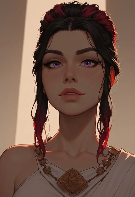 (score_9, score_8_up, score_7_up). ( line work, excellent drawing, highest quality, extremely detailed:1.2). 1woman, milf, Greek Goddess Nemesis, villain, perfect face, beautiful violet eyes, dark hair, bun, dyed red tips, dyed red streaks, long lashes, split eyebrow scar, glossy lips, seductive expression, femdom, dynamic angle, ancient greek dress, g0thicPXL, romantic, cinematic lighting, volumetric lighting, source_cartoon, statuesque,