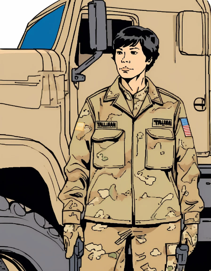 a woman,Taliana, <lora:TalianaXL:0.8>,short hair,black hair,(felt marker drawing:1.3),(detailed background),((wearing desert camouflage uniform,spotted camouflage)),standing besides heavy truck,in parking lot,in desert