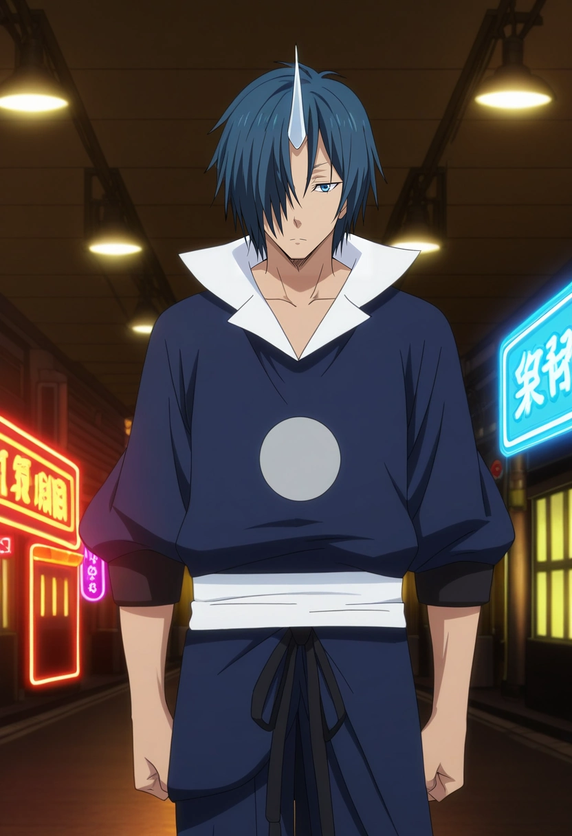 masterpiece, best quality, anime screencap, official style, anime coloring, cowboy shot, 1boy, solo, male focus, <lora:souei_tensura_ilxl:0.9>, souei_tensura, blue hair, blue eyes, hair over one eye, single horn, , straight-on, hong kong \(city\), traffic signals, street lights, neon signs, indoors, light, one leg up, expressionless,