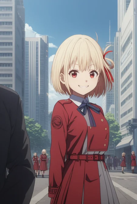 masterpiece, best quality, highres, 4k, 8k, intricate detail, cinematic lighting, amazing quality, amazing shading, soft lighting, Detailed Illustration, anime style,
chisatonishikigi, <lora:chisato-nishikigi-s1-sdxl-lora-nochekaiser:0.75>,
chisato nishikigi, short hair, bangs, blonde hair, red eyes, hair ribbon, one side up, bob cut, smile,
shirt, long sleeves, dress, ribbon, white shirt, collared shirt, belt, neck ribbon, red dress, blue ribbon, pleated dress, grey dress, two-tone dress, red belt, lycoris uniform,
outdoors, cityscape, buildings, crowd,
looking at viewer, full body,