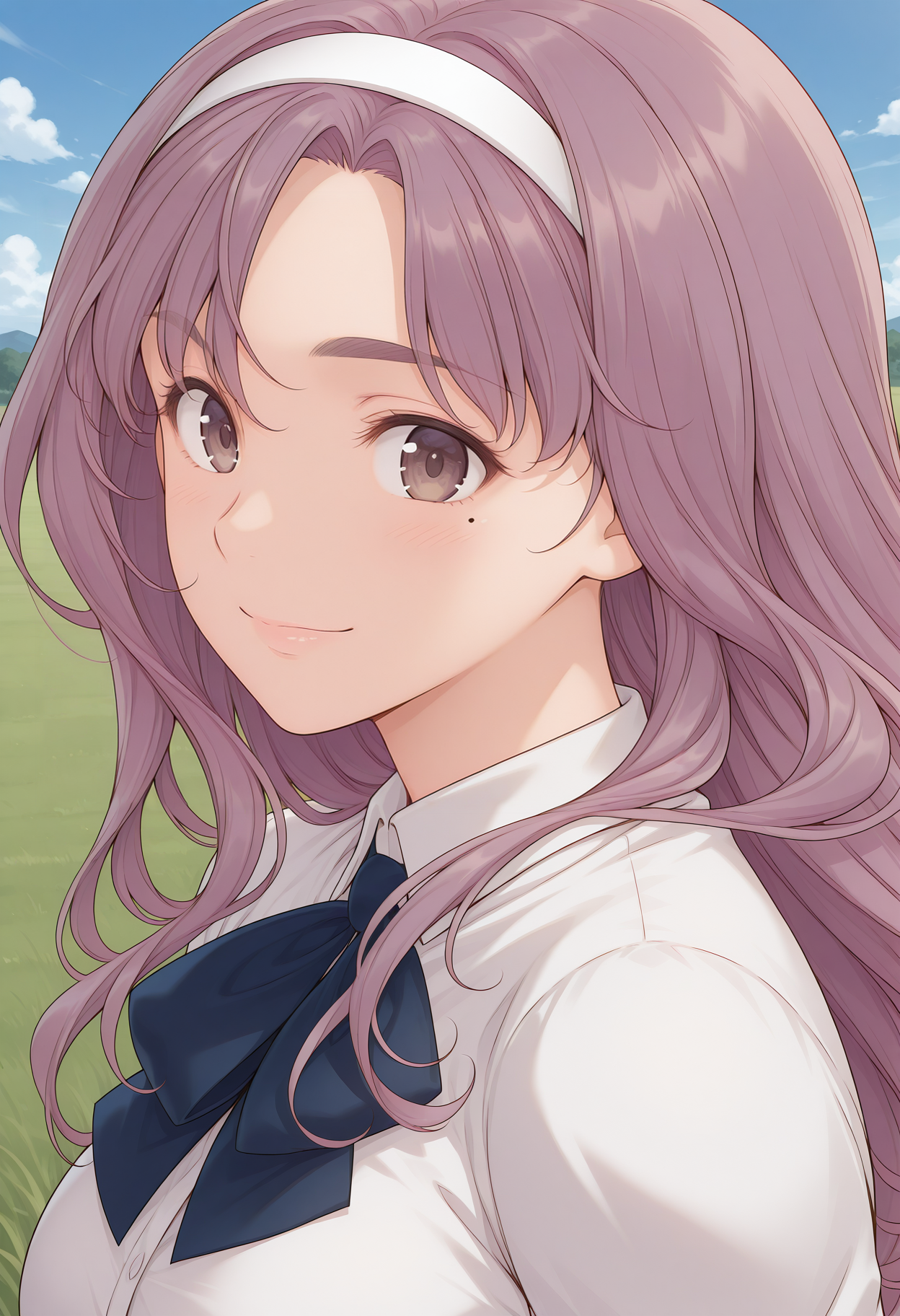 ninomiya_sayuri, mole under eye, brown eyes, thick eyebrows, purple hair, long hair, white hairband, school uniform, bowtie, white shirt, collared shirt, long sleeves, <lora:ninomiya_sayuri_illustrious_ver2:0.8> 
smile, closed mouth,, masterpiece, best quality, sensitive,, 1girl, solo, blue sky, (grasslands:1.2), looking at viewer,, (upper body:1.2), (open eyes:1.4), (portrait:1.4)