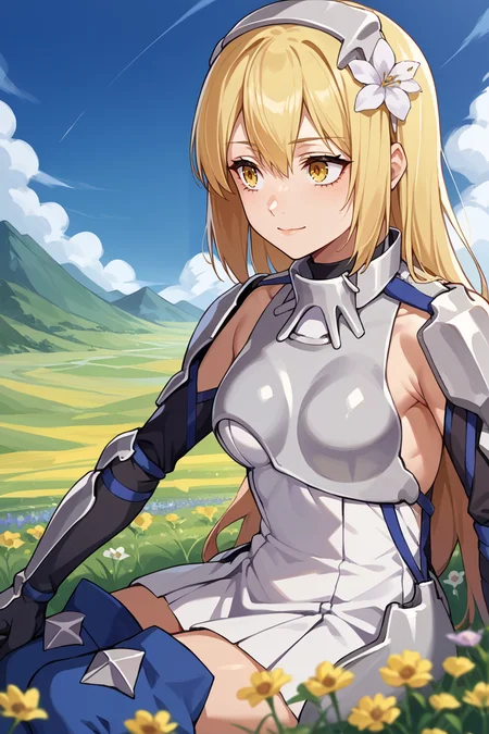 score_9, score_8_up, score_7_up, score_6_up, source_anime, BREAK 1girl, solo <lora:aiswallenstein-pdxl-nvwls-v1:1> ais wallenstein, hairband, armored dress, gauntlets, black gloves, thigh boots, sitting, knees up, field, flowers, hair flower, looking up, light smile, blue sky, clouds, mountains, landscape, detailed background