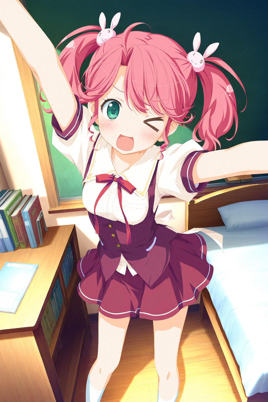 masterpiece,best quality,good quality,rating safe,memorialimouto,kogasaka chinami, 1girl, solo,pink hair, rabbit hair ornament, twintails, hair ornament, green eyes, school uniform,yellow hairclip, short hair, skirt,white socks,game cg,blush,bedroom,standing,looking at viewer,XD,Arms Up,hands up