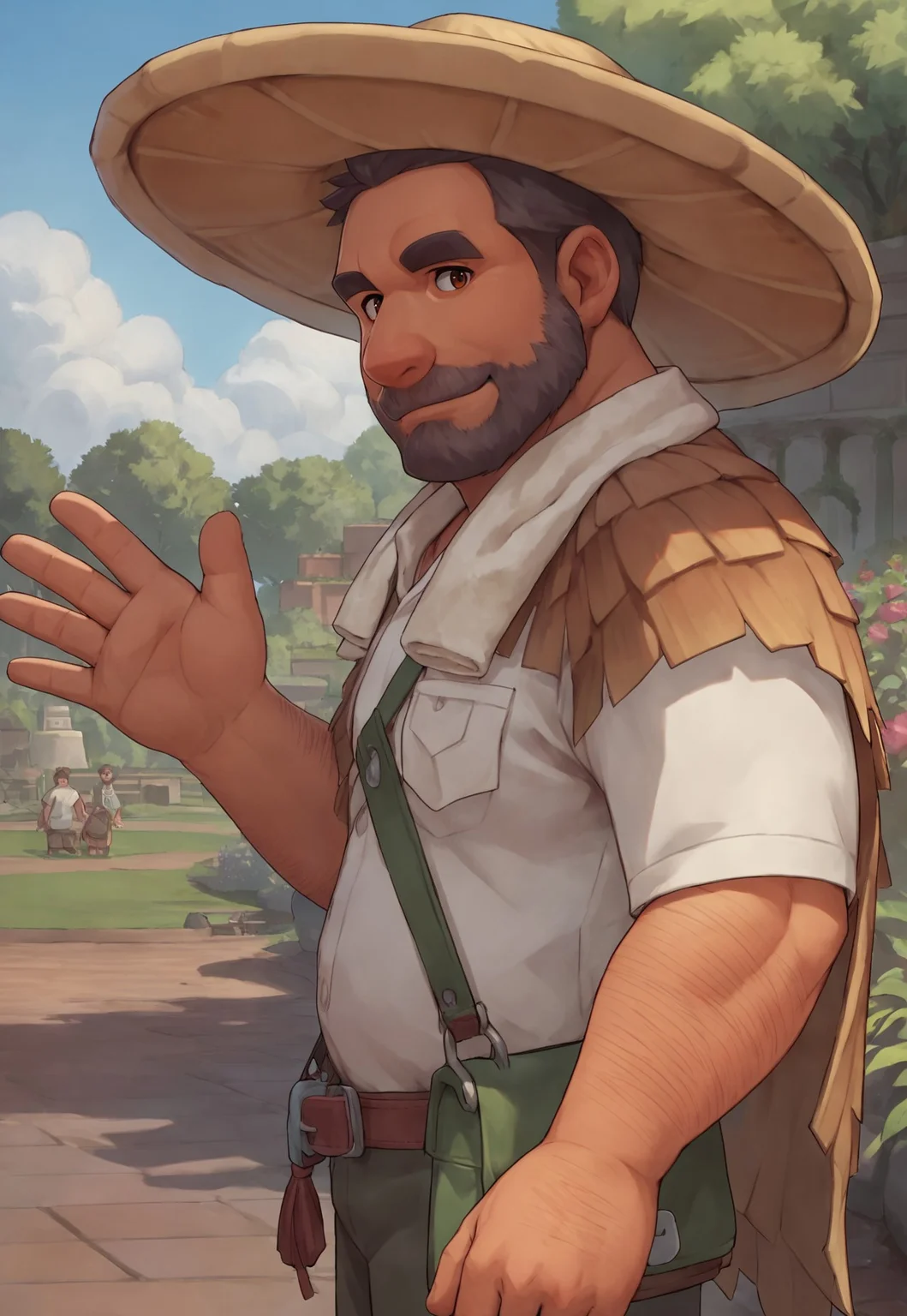 score_9, score_8_up, source_anime, cartoon, Zeke, beard, facial hair, grey hair, brown eyes, straw hat, straw cape, towel, satchel, fat, muscular, hairy, looking at viewer, garden, portrait, side view, smile, waving hand,