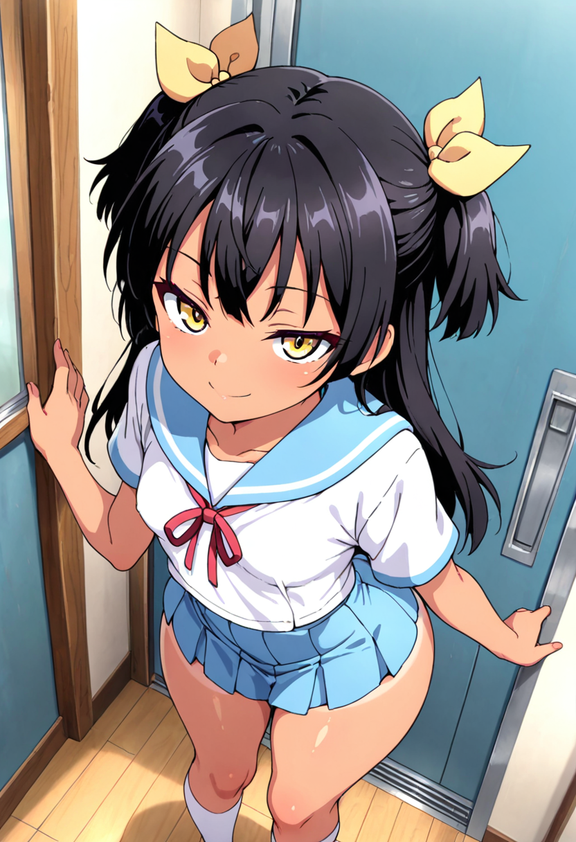 uncensored, HDR, 8K, high contrast, masterpiece, best quality, amazing quality, very aesthetic, superabsurd res, high resolution, ultra-detailed, absurdres, newest, scenery, solo, Sera, black hair, long hair, small twintails, yellow ribbons, yellow eyes, suntanned body, suntan lines, small breasts, small waist, thick thighs, huge ass, wide hips, looking at viewer, school uniform, sailor uniform, white shirt, red lace, light-blue skirt, white socks, seductive eyes, indoors, dinamic angle, top view, seductive pose, seductive smile, standing, front view
