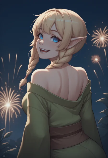 anime, masterpiece, best quality, <break> from behind, solo, 1girl, l1nkle, :d, teeth, looking back, long hair, blonde hair, twin braids, pointy ears, blue eyes, japanese clothes, green kimono, off shoulder, brown sash, bare shoulders, outdoors, night, fireworks
<segment:yolo-Anzhc Face seg 640 v2 y8n.pt,0.4,0.5//cid=1>