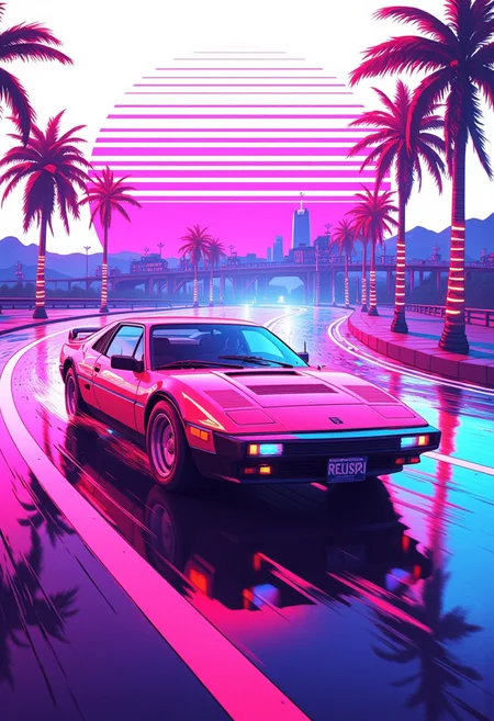 cinematic film still 80s synthwave, retro-futuristic, a classic 1980s sports car speeding around a neon-lit curve on a highway, with glowing palm trees lining the road. The scene is captured from a low-angle shot, emphasizing the sleek design and vibrant colors of the car, reflecting off the wet asphalt. The background features a neon sunset with horizontal lines, characteristic of the synthwave aesthetic, in vivid hues of pink, purple, and blue. The image is highly detailed with dramatic lighting, creating a sense of speed and motion. The artwork has a vaporwave vibe, combining retro and futuristic elements with bold, electric colors and a minimalist, sticker-like style on a white background. The atmosphere is surreal and cinematic, with sharp contrasts and intense glow effects, reminiscent of 80s digital art. This 3D render, illustration, is crafted with high resolution, capturing the essence of a synthwave cityscape in extreme detail and dynamic composition. 8k resolution with a focus on vibrant neon and striking details, evoking a nostalgic yet futuristic feel. <lora:FluxCyberpunkAnimeStyle.safetensors:1.0>, cyberpunk, anime,  . shallow depth of field, vignette, highly detailed, high budget, bokeh, cinemascope, moody, epic, gorgeous, film grain, grainy