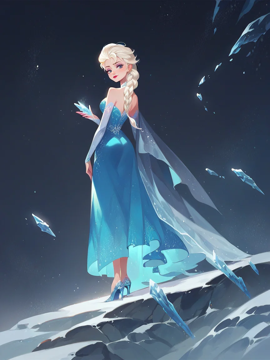 source_anime, score_9, score_8_up, score_7_up, score_6_up, score_5_up, <lora:rdjXLP:1> rdj, light particles, 1girl, night sky, elsa \(frozen\), ice, snow, high heels,