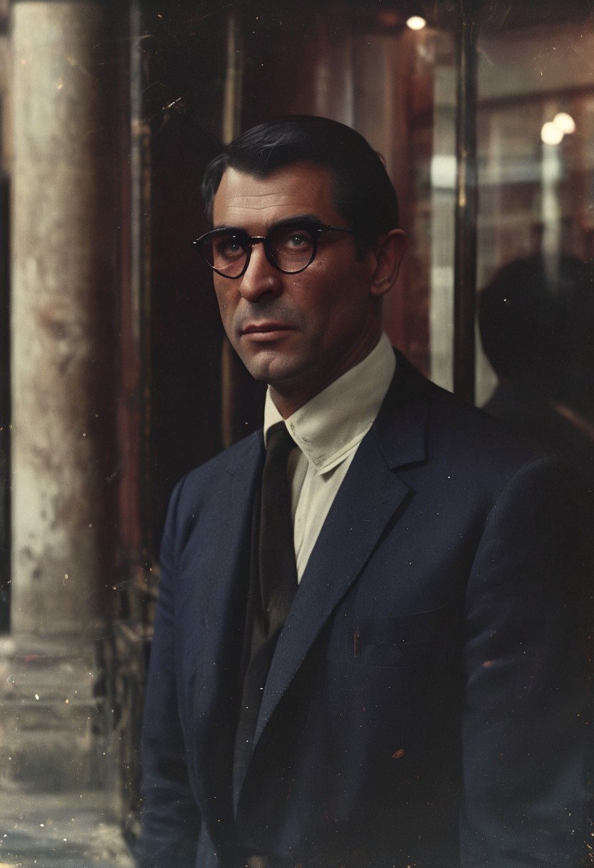 50 years old, elegant, wealthy man, servant, dark longer hair, clean-shaven, honey eyes, pondering facial expression, in his hands an elegant black cane with a knob looking like a lions head, beautifully carved out of ivory, wearing a white shirt and an elegant dark blue suit, a bowler hat on his head with a small blue feather, a watch on a chain, thin glasses on his nose old-fashioned shiny frame, standing in front of the entrance to the bank, full body, portrait, 35 mm f 1.8 lens, gentle morning light,,<lora:Vintage_Street_Photo:0.8> 
BREAK