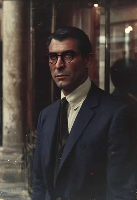 50 years old, elegant, wealthy man, servant, dark longer hair, clean-shaven, honey eyes, pondering facial expression, in his hands an elegant black cane with a knob looking like a lions head, beautifully carved out of ivory, wearing a white shirt and an elegant dark blue suit, a bowler hat on his head with a small blue feather, a watch on a chain, thin glasses on his nose old-fashioned shiny frame, standing in front of the entrance to the bank, full body, portrait, 35 mm f 1.8 lens, gentle morning light,,<lora:Vintage_Street_Photo:0.8> 
BREAK