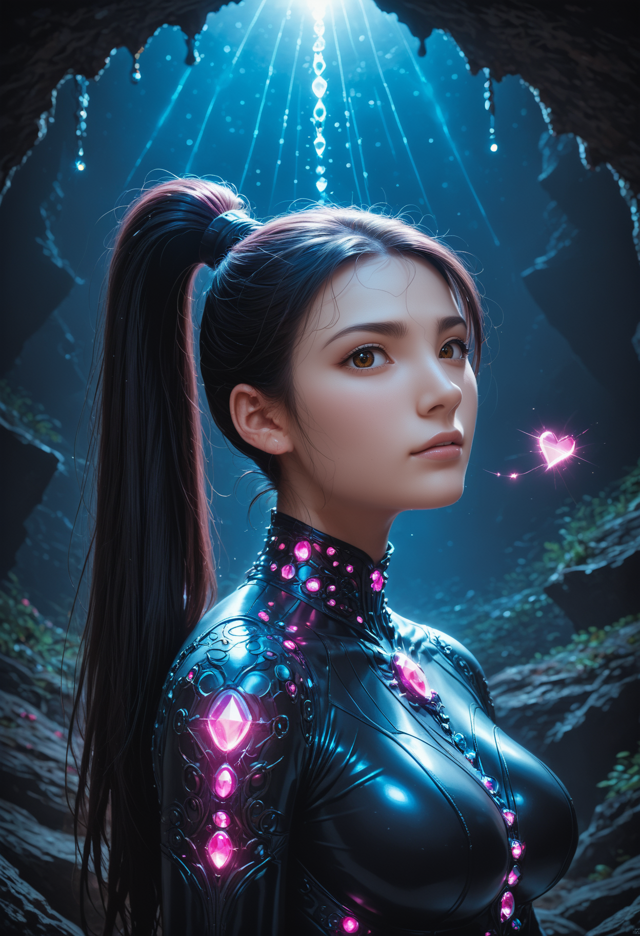 score_9,score_8_up,score_7_up, sorce_real, 8k, hd, (1 girl, brown eyes, high ponytail, bioluminescent latex suit, seij, <lora:Seij-000001:1>), cute and mischievous, black suit, purple details, neon colored glowing particles in the black skin, black skin with neon pink bioluminescence, cinematic light, looking at viewer, dark, night, mysterious atmosphere, floating hearts, beautiful  creatures, flies through a dark stalactite cave at night, bioluminescent icicles on the walls, everything is shrouded in darkness.  <lora:SDXLFaeTastic2400:0.4>, cave by Jed-Cosmos  <lora:Jed-Cosmos-sdxl:0.4>  <lora:ral-swarcrystl-sdxl:0.5> multicolored gemstones made of ral-swarcrystl, black gloves with glowing jewels, upper body, side view