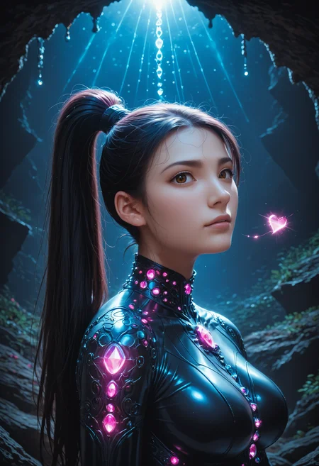 score_9,score_8_up,score_7_up, sorce_real, 8k, hd, (1 girl, brown eyes, high ponytail, bioluminescent latex suit, seij, <lora:Seij-000001:1>), cute and mischievous, black suit, purple details, neon colored glowing particles in the black skin, black skin with neon pink bioluminescence, cinematic light, looking at viewer, dark, night, mysterious atmosphere, floating hearts, beautiful creatures, flies through a dark stalactite cave at night, bioluminescent icicles on the walls, everything is shrouded in darkness. <lora:SDXLFaeTastic2400:0.4>, cave by Jed-Cosmos <lora:Jed-Cosmos-sdxl:0.4> <lora:ral-swarcrystl-sdxl:0.5> multicolored gemstones made of ral-swarcrystl, black gloves with glowing jewels, upper body, side view