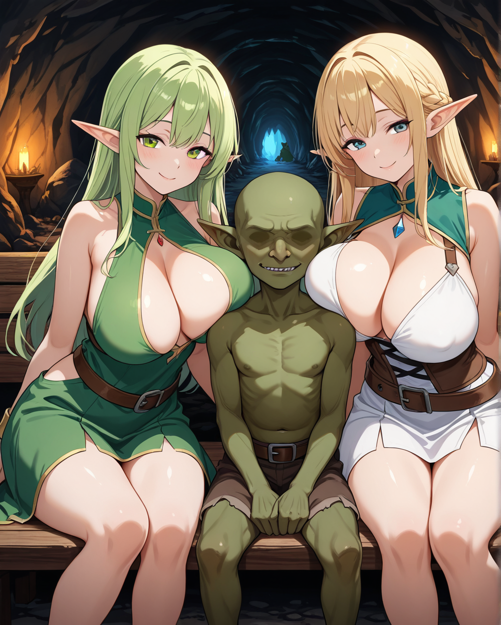 2girls, 1boy, sitting, looking at viewer, 2girls1boy, faceless male, goblin, elf, elf ears, green skinned male, indoors, cave, bench, netorare, smile, seductive, size difference, large breasts, perky breasts, cleavage, Girl_Sandwich, <lora:Girl_Sandwich_2girls_1boy_Illustrious:1>, front view, breast press,