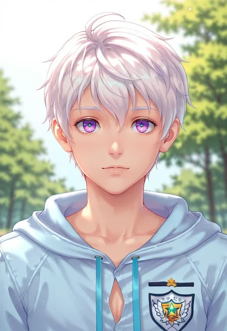 masterpiece, best quality, intricate details, semi-realistic, , , 1boy, solo, male focus, <lora:felix_clermont_ilxl:0.96>, felix_clermont, white hair, purple eyes, ahoge, , , , caps