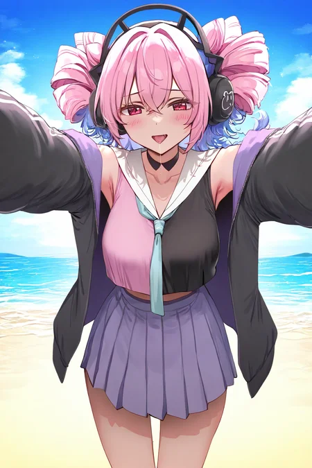 1girl, solo ,cowboy shot, artist:koruri,artist:haoni,artist:deadnooodles,artist:mishima_kurone,artist:yd orange maru,year 2023, u-offical, headphones, pink hair ,blue hair, twin drills, sailor collar, black choker, skirt, jacket, two-tone shirt, black choker, outstretched arms ,backlighting ,after kiss ,saliva trail ,parted lips ,leaning forward ,smile,happy, beach ,in shadow, arms up, masterpiece, best quality, newest, absurdres, highres,, <lora:u-offical_v1-000018:1>