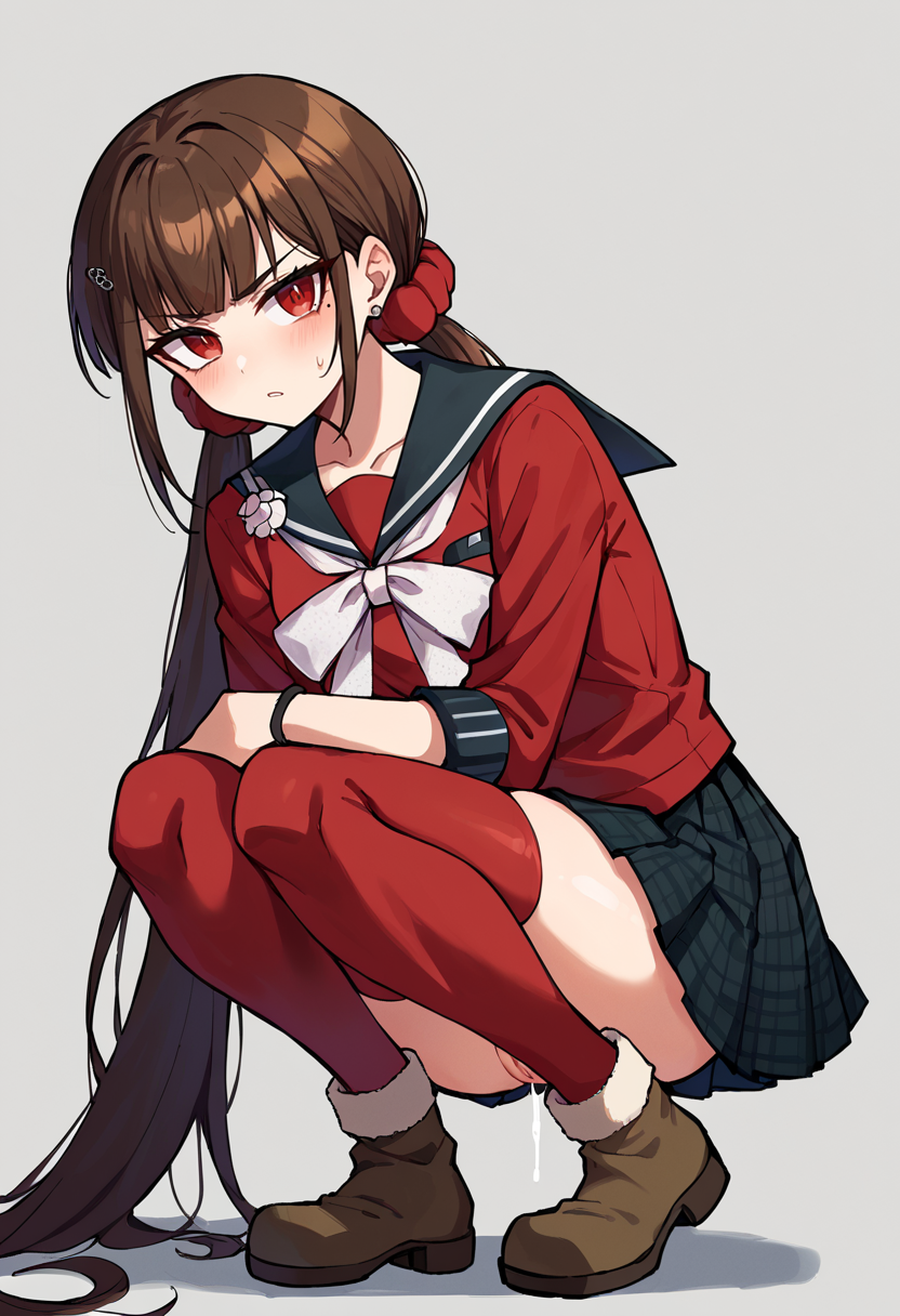score_9, score_8_up, score_7_up, BREAK  Harumaki, 1girl, low twintails, red eyes, brown hair, mole under eye, hairclip, red scrunchie,  red shirt, brooch, pleated skirt, white bow, red thighhighs,  squatting, cumdrip, boots, pussy,  <lora:MakiV2F-000008:1>
