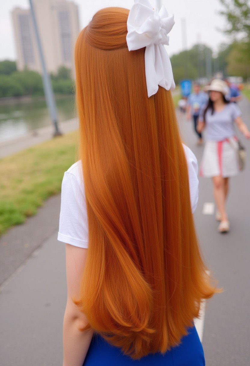 viewing incredible hair from behind, tall russian girl with very long ginger hair down to her waist, with huge hair volume and incredibly large waves in a blowout style. her is neatly combed and has a large white bow in the center of the back of her head. she wears a white t shirt and a blue skirt