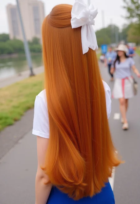 viewing incredible hair from behind, tall russian girl with very long ginger hair down to her waist, with huge hair volume and incredibly large waves in a blowout style. her is neatly combed and has a large white bow in the center of the back of her head. she wears a white t shirt and a blue skirt