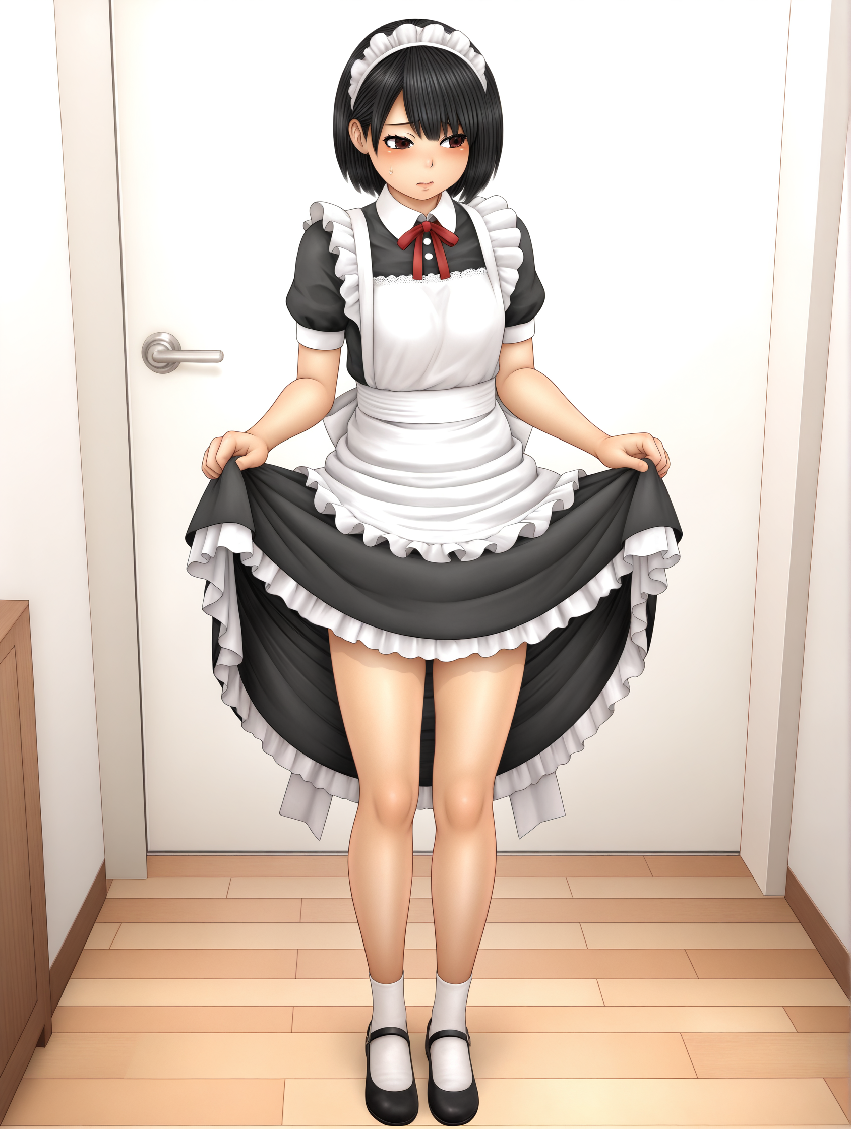 hentai_sister,<lora:sister_1:1>,solo,full body,maid,shy,skirt lift,standing,