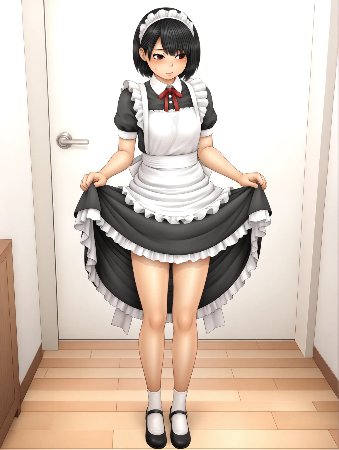 hentai_sister,<lora:sister_1:1>,solo,full body,maid,shy,skirt lift,standing,