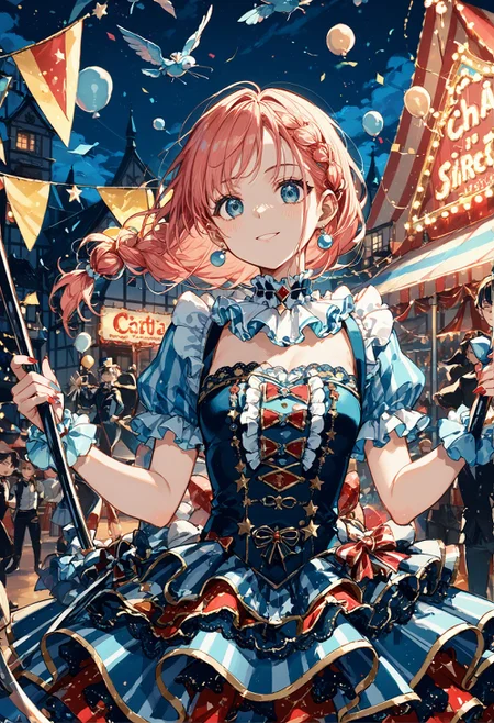 score_9, score_8_up, score_7_up, best quapoty, highres, absurdres, source_anime, 1girl, circus, <lora:pony_circus:1>, alternate costume, alternate hairstyle, night, upper body
