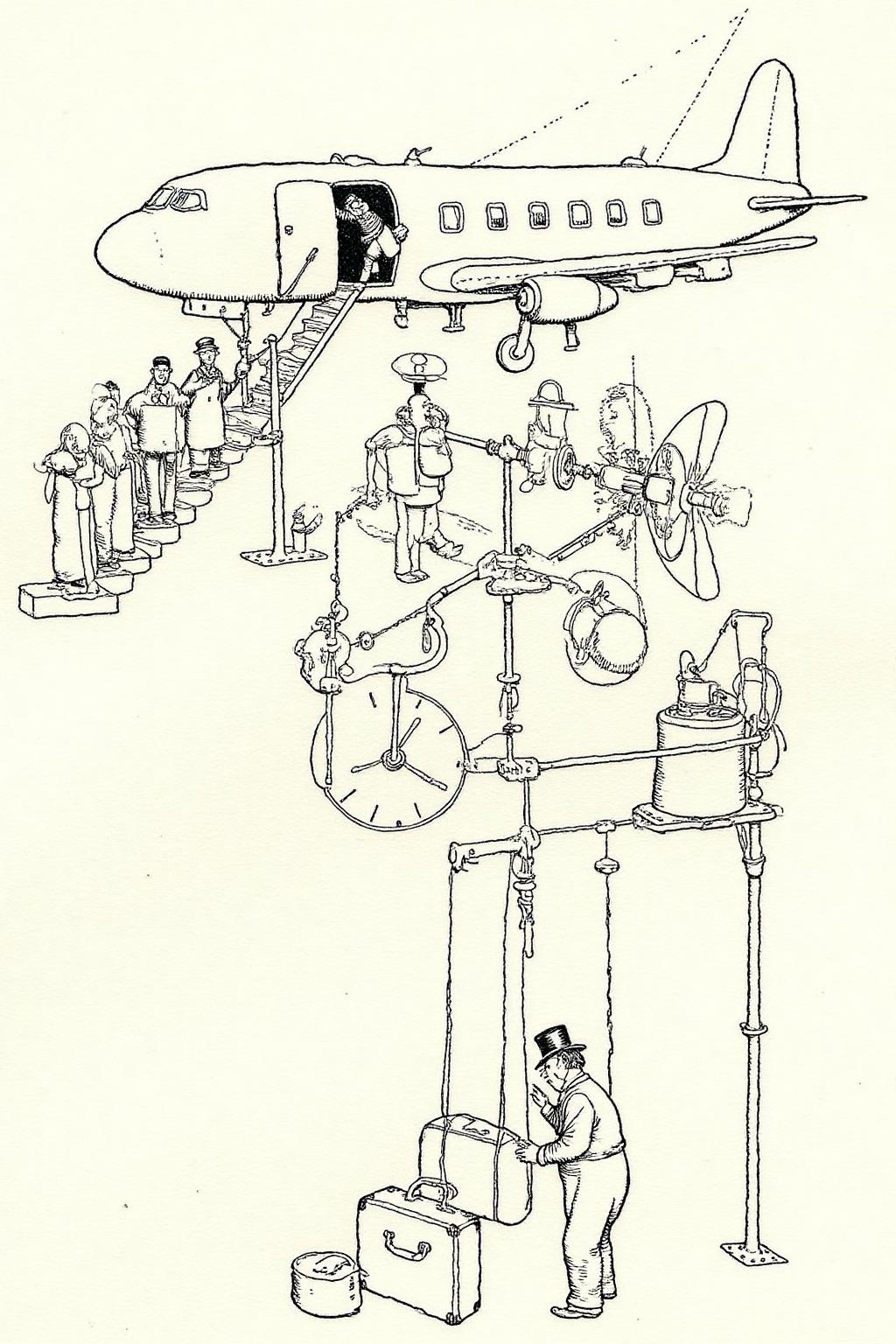 whrob1 illustration. 
A Heath Robinson-style illustration of an absurd flight boarding process. Passengers climb onto the plane via a steam-powered staircase that constantly adjusts its height using pistons and gears. A brass clockwork mechanism turns to announce the next boarding group. Luggage is hoisted into the plane with a giant pulley system operated by a man in a top hat. <lora:whrob1_cap_d6a3e11:1.0><lora:828469122615596746:0>