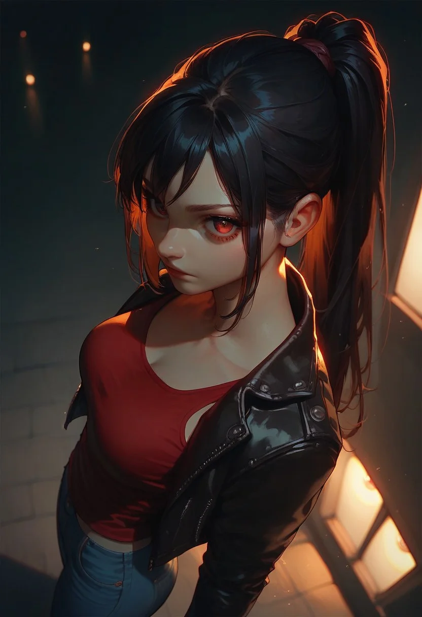score_8_up, score_7_up , score_9, black hair, long hair, ponytail, solo, red eyes, dynamic lighting, medium breasts, leather jacket, red tanktop, jeans, standing, dynamic angle, night, (face close-up:1.4),leaning, cheeky, from side, looking at viewer, high angle view