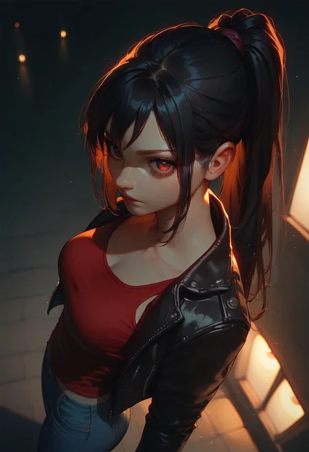 score_8_up, score_7_up , score_9, black hair, long hair, ponytail, solo, red eyes, dynamic lighting, medium breasts, leather jacket, red tanktop, jeans, standing, dynamic angle, night, (face close-up:1.4),leaning, cheeky, from side, looking at viewer, high angle view