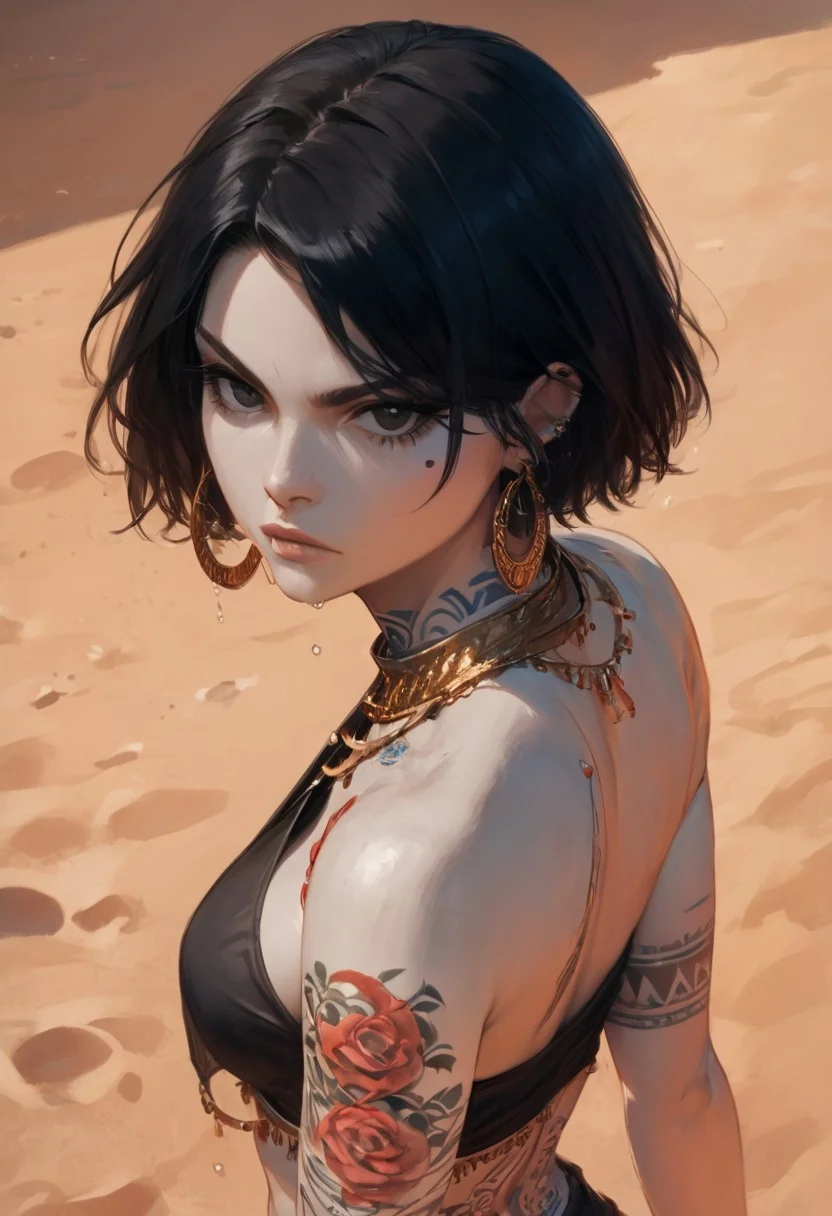 score_9, score_8_up, score_7_up, high detailed, high quality, masterpiece, no text, quality highlights, 8k detail, detailed background, source_anime, dynamic view, hentai, ultra-detailed, BREAK
1girl, (((solo_girl))), female focus, expressiveh, (((white skin color))), (((black hair))), black eyes, big eyes, detailed face, short hair, (((arabic dance costume))), (black costume), gold jewelry, (big earrings), ((fully tattooed body)), ((tattooed legs)), ((tattooed neck)), ((tattooed belly)), ((black tattoos)), ((tribal tattoos)), perfect slender body, natural tits, wet body, (serious face), ((incredibly sexy)), (focus on face), (looking at viewer), (above view), sexy pose, close-up, BREAK
outdoors, sand, night, desert,