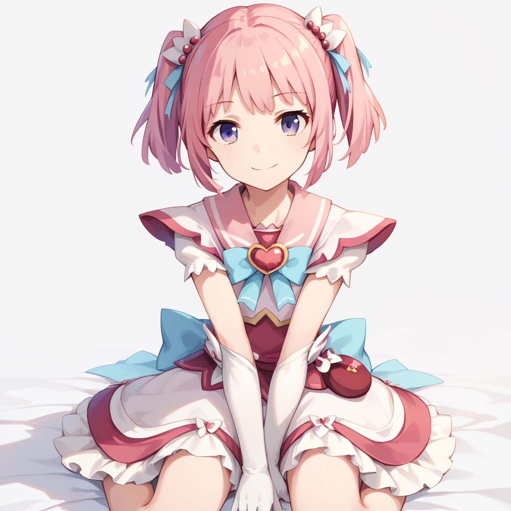 score_9, score_8_up, score_7_up, simple background, looking at viewer, smile, sitting,
1girl, mamika, pink hair, purple eyes, short twintails, dress, white gloves, 
<lora:kirameki_mamika_pony_v1:0.8>