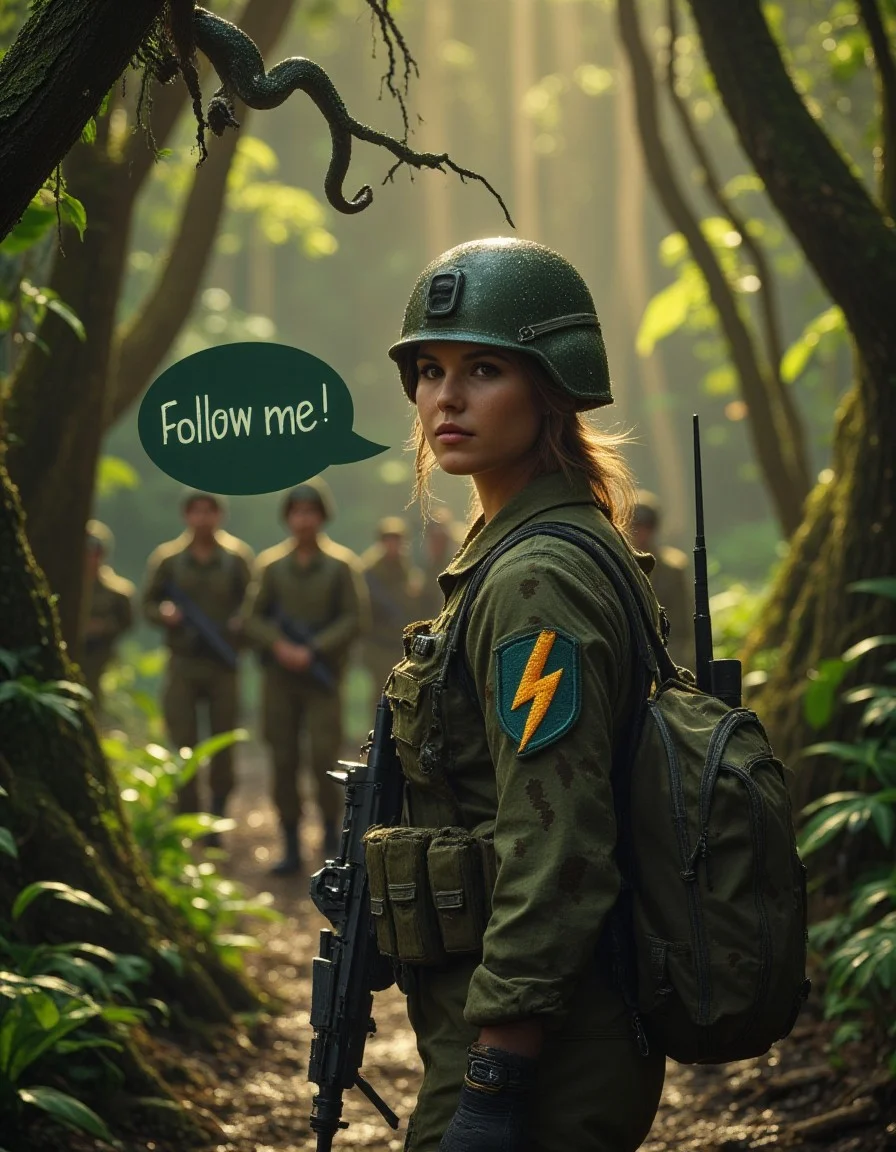 Depict a closeup of a gritty veteran woman infantry soldier, distressed camoflage uniform, combat helmet, (dark green speech bubble hovering in midair beside solder's face saying "Follow me!":1.5), utility belt (ammo pockets, grenades, hunting knife (black handle in a burlap scabbard)), rear view, looking back at viewer, serious expression, carrying army rifle in one hand (pointing muzzle at ground), embroidered unit patch on shoulder with simple large lightning bolt icon (gold bordered with cyan), walking on overgrown wet dense tropical jungle trail.  A dark green python is coiled on a tree branch above the soldier. Golden hour. Similar soldiers walking ahead on trail (bokeh). Professional documentary action photograph.   <lora:Buzz_Enhancer_2_Electric_Boogaloo:1>