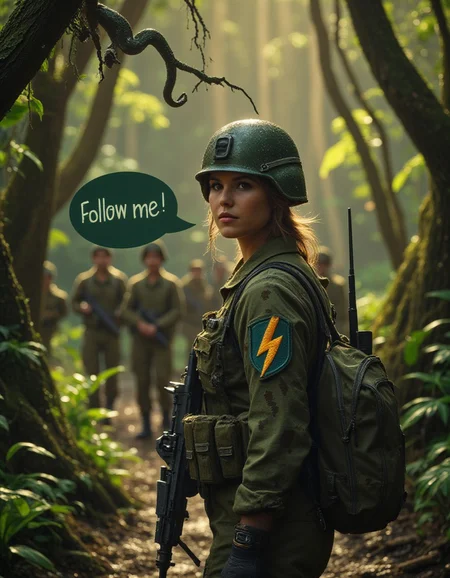 Depict a closeup of a gritty veteran woman infantry soldier, distressed camoflage uniform, combat helmet, (dark green speech bubble hovering in midair beside solder's face saying "Follow me!":1.5), utility belt (ammo pockets, grenades, hunting knife (black handle in a burlap scabbard)), rear view, looking back at viewer, serious expression, carrying army rifle in one hand (pointing muzzle at ground), embroidered unit patch on shoulder with simple large lightning bolt icon (gold bordered with cyan), walking on overgrown wet dense tropical jungle trail. A dark green python is coiled on a tree branch above the soldier. Golden hour. Similar soldiers walking ahead on trail (bokeh). Professional documentary action photograph. <lora:Buzz_Enhancer_2_Electric_Boogaloo:1>