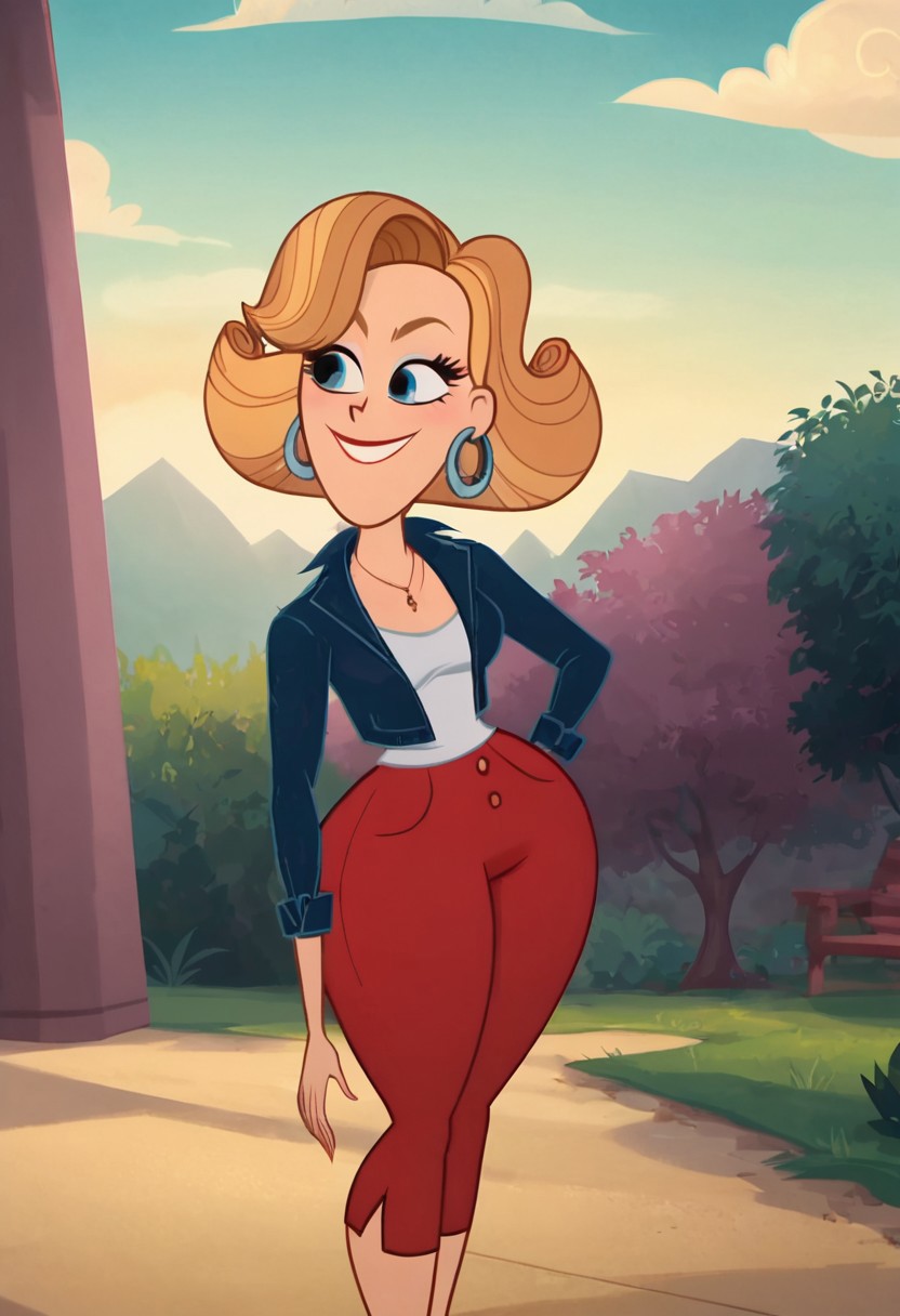 score_9, score_8_up, score_7_up, ultra quality, solo, 1girl, hoop earrings, red pants, blue jackets, Kitty Cartwright, short blond hair, smug smile, face focus, big hips, huge butt, bubble butt, curvy, narrow waist, standing, upper body, front view, looking to the viewer, close up, screencap