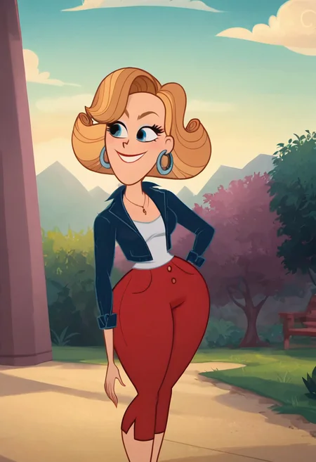 score_9, score_8_up, score_7_up, ultra quality, solo, 1girl, hoop earrings, red pants, blue jackets, Kitty Cartwright, short blond hair, smug smile, face focus, big hips, huge butt, bubble butt, curvy, narrow waist, standing, upper body, front view, looking to the viewer, close up, screencap