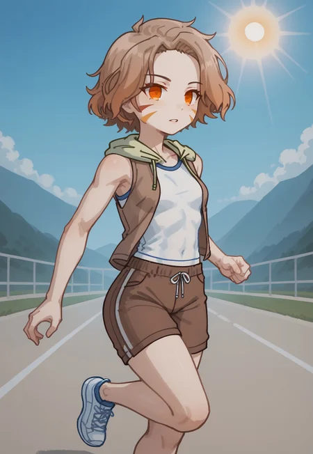 safe_pos, score_9, score_8_up, score_7_up, score_6_up,S6ARAGWOFFRGRD, brown hair, short hair, orange eyes, facial mark, brown unbuttoned hoodie, white shirt, brown shorts,
white shoes, female focus, parted lips, slender, flat breasts, white
tank top, sleeveless, (blue track pants), outdoors, sun high in the sky,jogging,