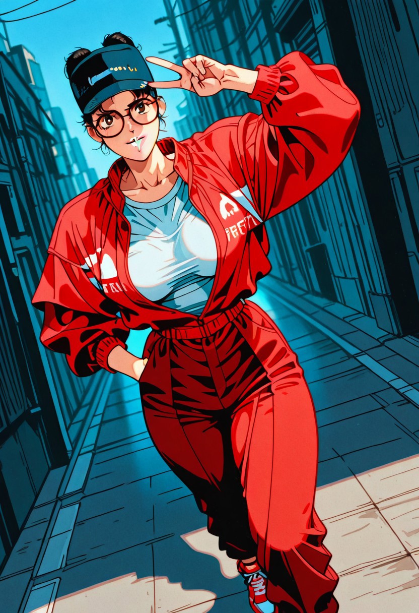 ReikaYogawaAC, 1girl, solo, black hair, short hair, hair bun, brown eyes, nose, light pink lips, round glasses, large breast, thick thighs, black hat, red jacket, white shirt, red сapri pants,  red sneakers,
,seductive pose, sexy pose, tease, 
masterpiece, best quality, ultra-detailed, very aesthetic, detailed background, very aesthetic, newest, scenery, highres, 4k, absurdres, 8k, colorful,vibrant, glowing, perfect face, 2d, perfect eyes, detailed eyes, 
 masterpiece, best quality, ultra-detailed, very aesthetic, newest, scenery, absurdres, perfect anatomy, , perfect face, perfect eyes, mature body, clear eyes, beautiful eyes, athletic, curvy body, athletic girl, perky tits, perfect tits, round breasts, pinup pose, teasing, lustful expression,
muscular female, dutch angle,
dynamic pose, interesting angle, gesture, dutch angle, high angle, focus hand, portrait, arm up, wild hair, v, 
,detailed eyes, Smooth Negative, highres, absurdres,   uncensored, retro_artstyle, retro, cyberpunk