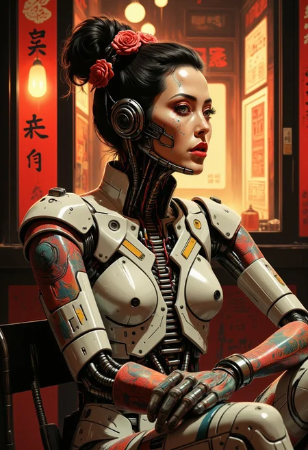 photo  of a full body geisha cyborg woman cc_cyborg with a detailed spin and cybernetic limbs. The image features a tattooed geisha android fflix-geisha seated and facing left. The android’s skin is adorned with intricate floral tattoos in vibrant reds, blues, and oranges, covering the shoulders, back, and arms. The android has an elaborate updo hairstyle decorated with red flowers, complementing the tattoo colors. The background is warmly lit with vintage-style lanterns, creating a cozy ambiance. (Fujicolor Superia X-TRA 400), (Light tracing), and (Dramatic lighting). Light and shadow by reij-snrs. Masterpiece, is pretty, best quality, high-res, extremely clear 8k wallpaper. HDR lighting, dramatic cinematic composition, UHD resolution, realistic texturing, advanced rendering techniques, and meticulous post-processing. In the eldoria style, no humans, tbh183