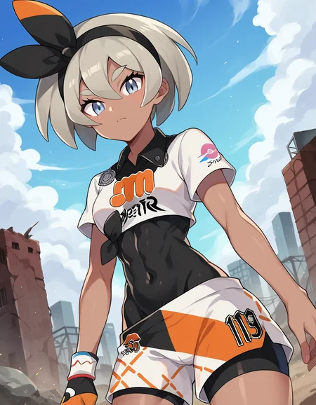 score_9, score_8_up, score_7_up, source_anime,
pokemonbea, <lora:pokemon-bea-ponyxl-lora-nochekaiser:1>
pokemonbea, blue eyes, dark skin, dark-skinned female, grey hair, hair between eyes, short hair, ribbon, hair ribbon, hairband, black ribbon, black hairband,
bodysuit, covered navel, shorts, single glove, glove, crop top, white shirt, short sleeves, collar, white shorts,
outdoors, wasteland,
looking at viewer, cowboy shot, dutch angle,