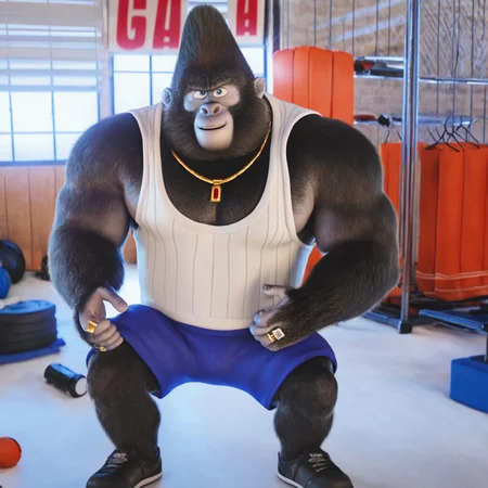 big daddy(sing), bara, mature male, gorilla, smile, (pose:1.3), (posing:1.3), (soft shading), 4k, hi res, five fingers, detailed hands, ((detailed face, (detailed eyes:1.0), detailed)), (full body), by zackarry911, by zaush, (by personalami:0.5), gym, tank top, shorts, jewelry, ring, white tank top, big daddy, gorilla, furry male, male, colored skin, fangs, blue eyes, anthro, muscular, wide shoulders, mechanic shop interior, garage, CGI scene, zy_animation, dad bod, chubby, body builder, pectorals, tall, blue eyes, sweating, breathing heavily, sweat stains, open mouth, punching bag, bandage wrapped hands,